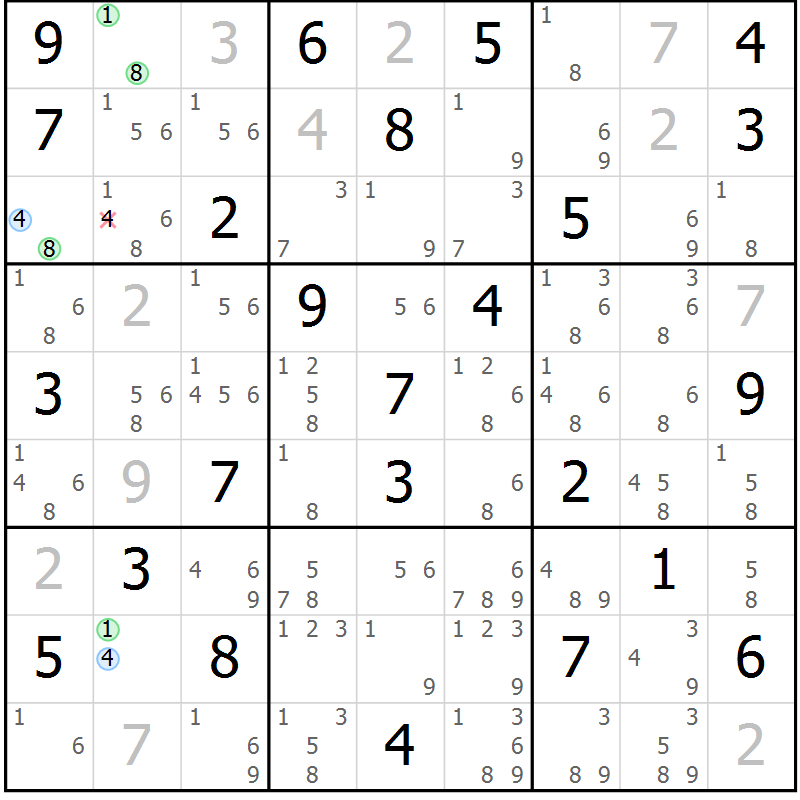 Position des candidats pour la solution de la Gr 80 page 83 du magazine de sudoku Suprême n° 027