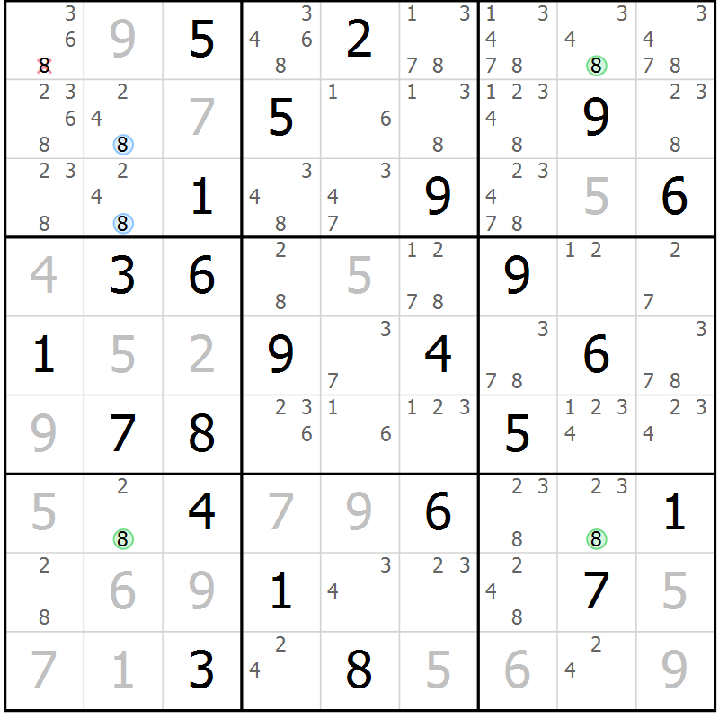 Position des candidats pour la solution de la Gr 84 page 87 du magazine de sudoku Suprême n° 027