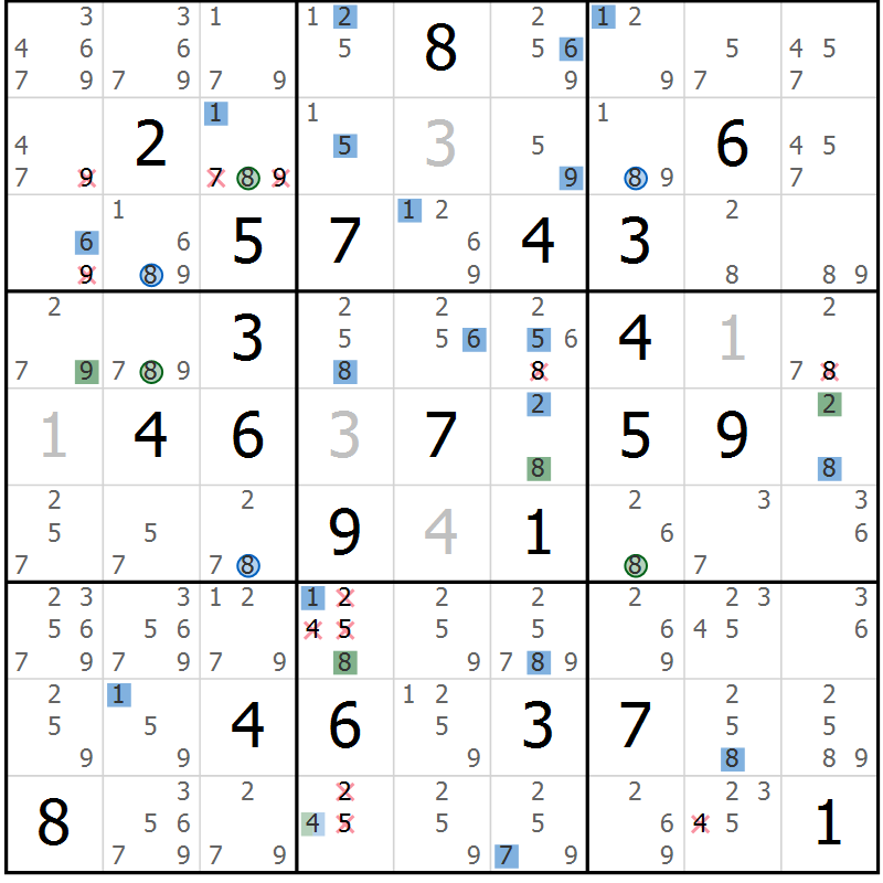 Position des candidats pour la solution de la Gr 17 page 20 du magazine de sudoku Suprême n° 027