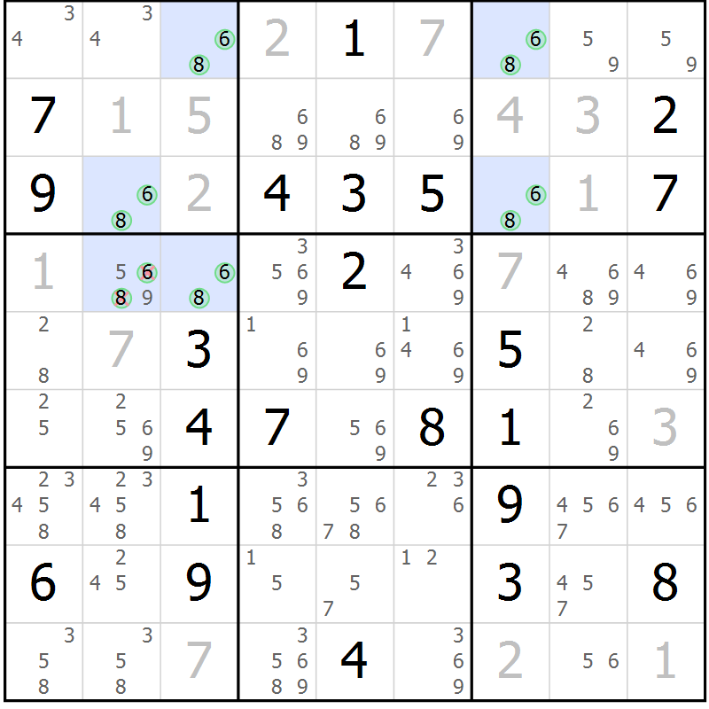 Position des candidats pour la solution de la Gr 19 page 22 du magazine de sudoku Suprême n° 027
