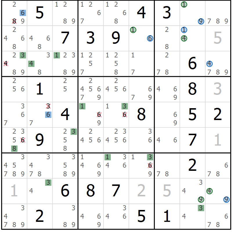 Position des candidats pour la solution de la Gr 2 page 5 du magazine de sudoku Suprême n° 027