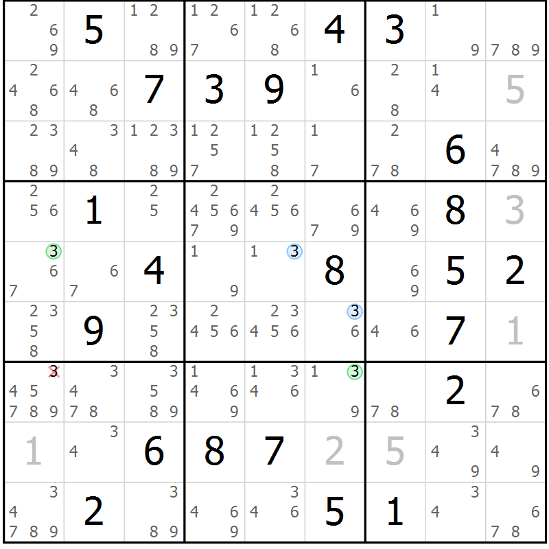 Position des candidats pour la solution de la Gr 2 page 5 du magazine de sudoku Suprême n° 027