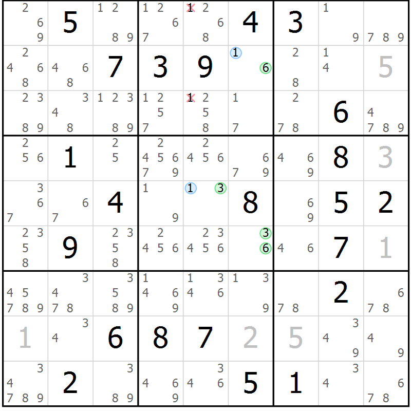 Position des candidats pour la solution de la Gr 2 page 5 du magazine de sudoku Suprême n° 027