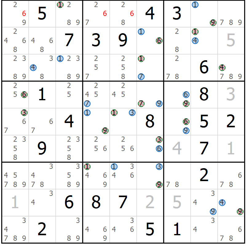 Position des candidats pour la solution de la Gr 2 page 5 du magazine de sudoku Suprême n° 027