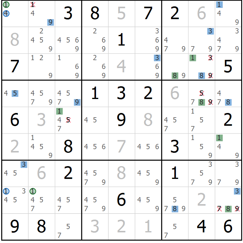Position des candidats pour la solution de la Gr 20 page 23 du magazine de sudoku Suprême n° 027