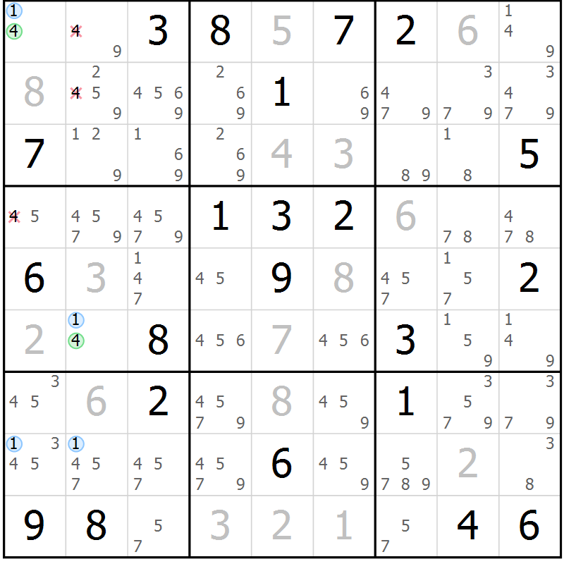 Position des candidats pour la solution de la Gr 20 page 23 du magazine de sudoku Suprême n° 027