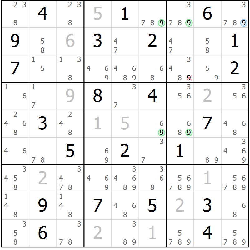 Position des candidats pour la solution de la Gr 22 page 25 du magazine de sudoku Suprême n° 027
