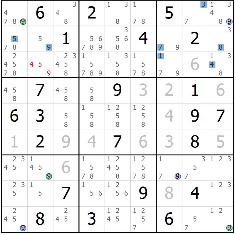 Position des candidats pour la solution de la Gr 25 page 28 du magazine de sudoku Suprême n° 027
