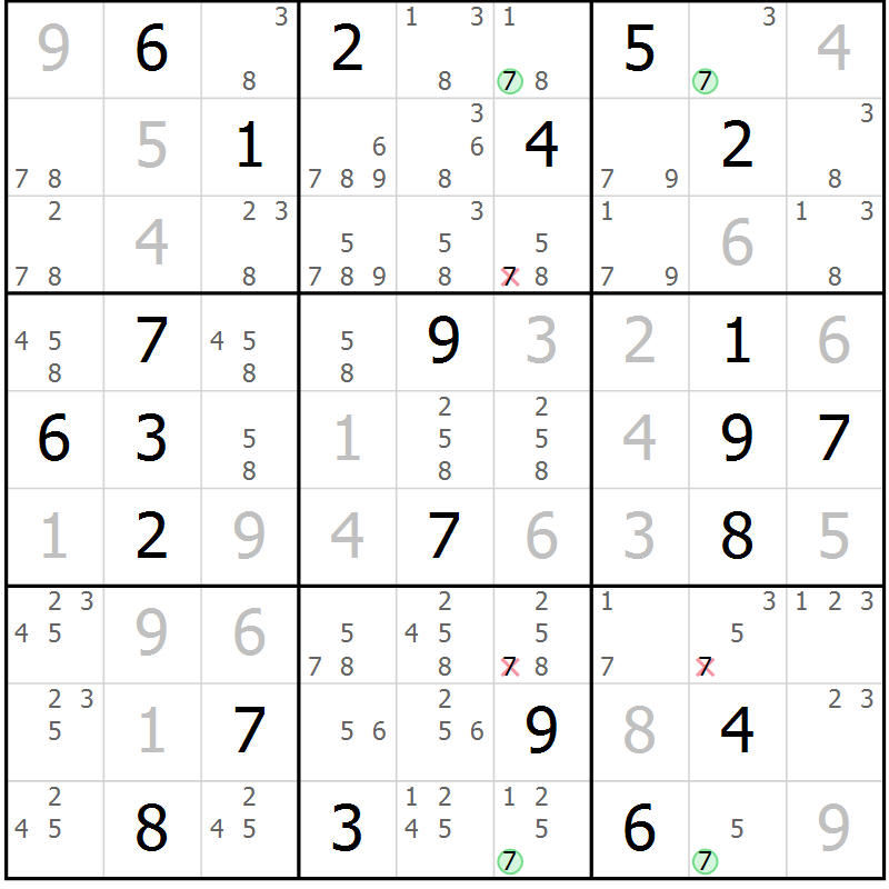 Position des candidats pour la solution de la Gr 25 page 28 du magazine de sudoku Suprême n° 027