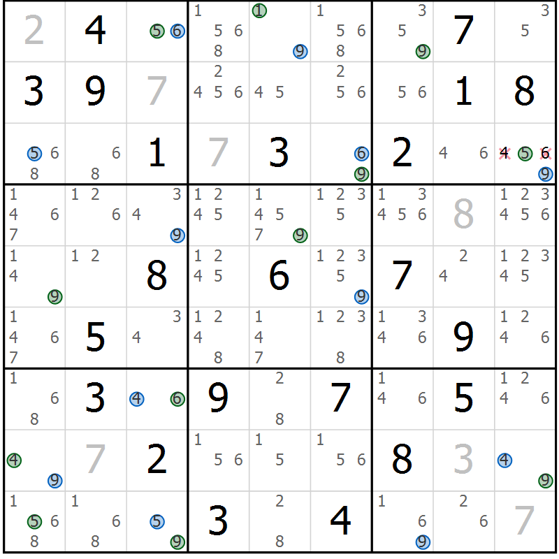 Position des candidats pour la solution de la Gr 26 page 29 du magazine de sudoku Suprême n° 027