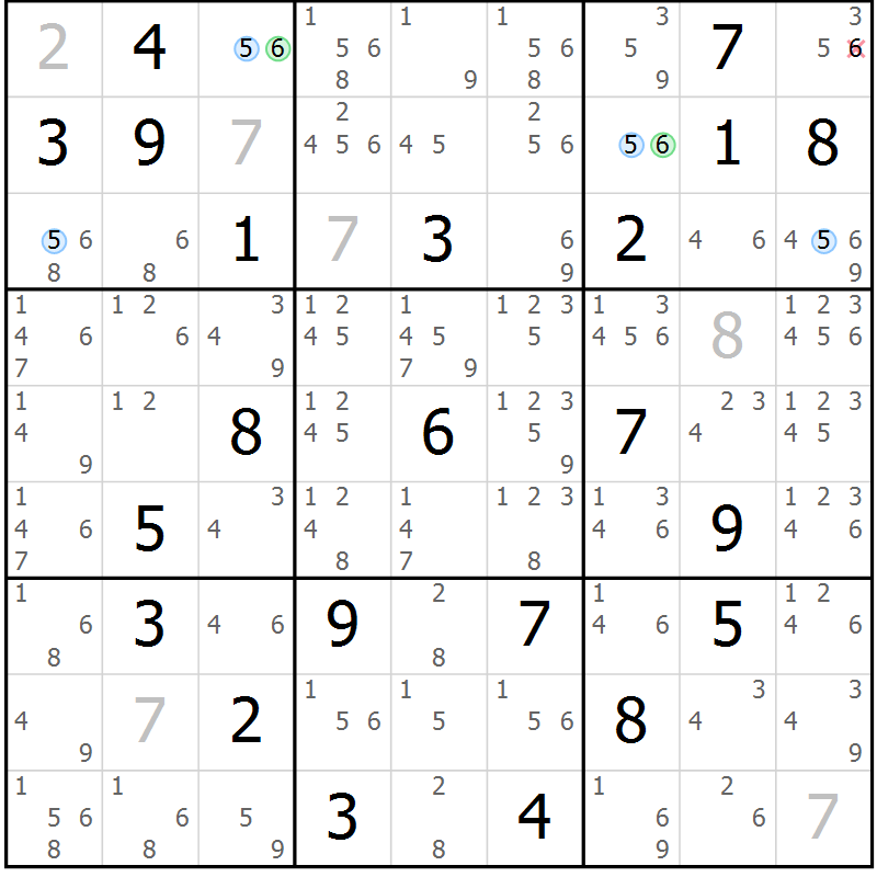 Position des candidats pour la solution de la Gr 26 page 29 du magazine de sudoku Suprême n° 027