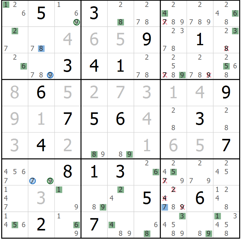 Position des candidats pour la solution de la Gr 27 page 30 du magazine de sudoku Suprême n° 027