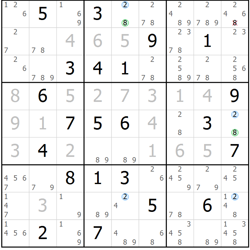 Position des candidats pour la solution de la Gr 27 page 30 du magazine de sudoku Suprême n° 027