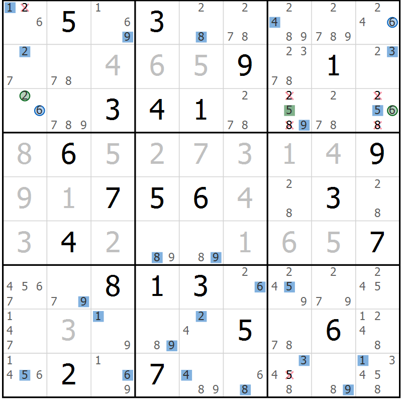 Position des candidats pour la solution de la Gr 27 page 30 du magazine de sudoku Suprême n° 027