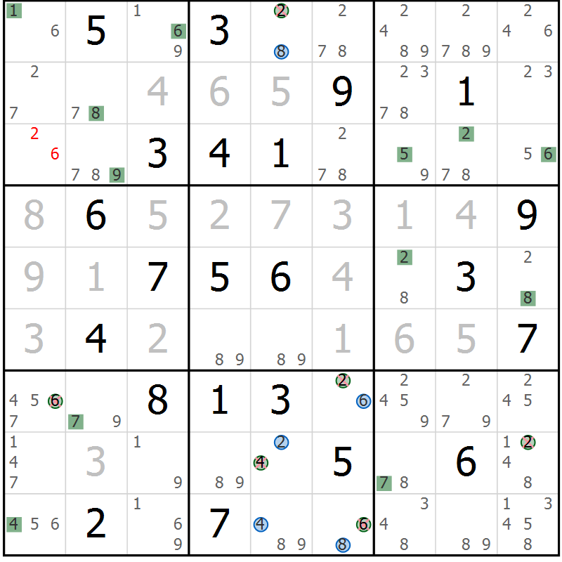 Position des candidats pour la solution de la Gr 27 page 30 du magazine de sudoku Suprême n° 027