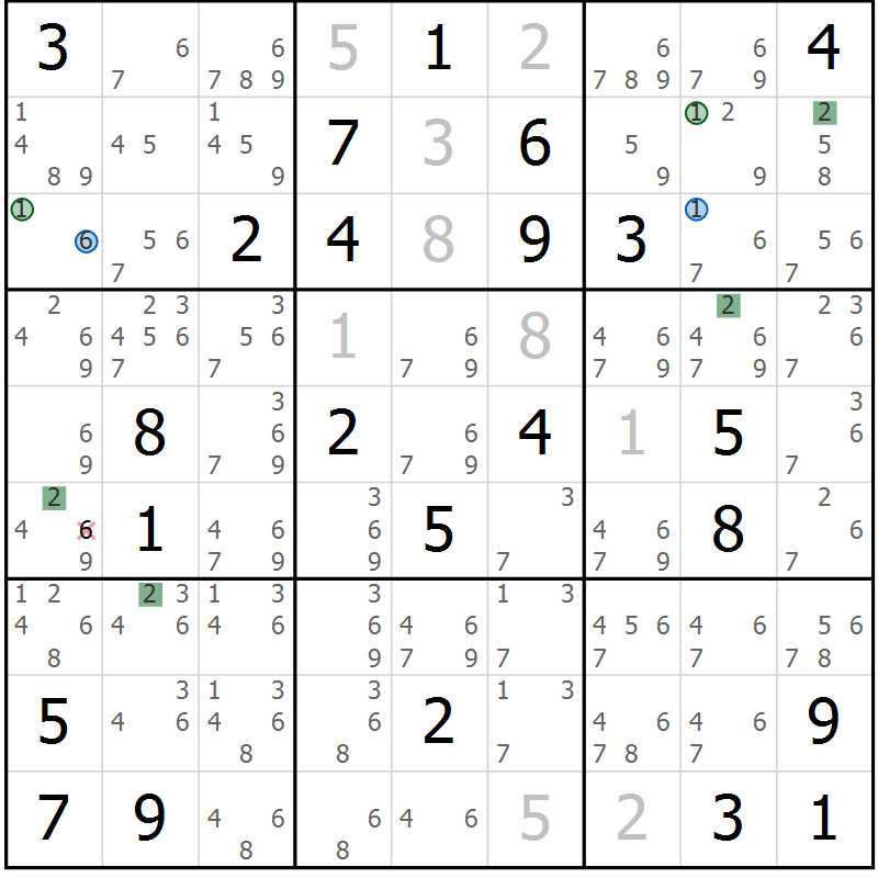 Position des candidats pour la solution de la Gr 33 page 36 du magazine de sudoku Suprême n° 027