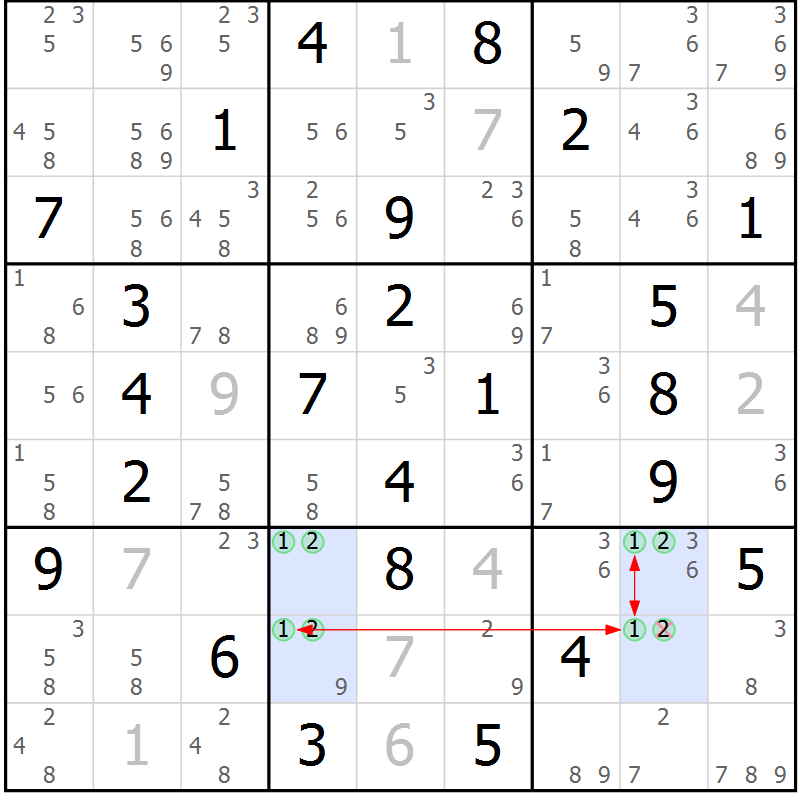 Position des candidats pour la solution de la Gr 35 page 38 du magazine de sudoku Suprême n° 027