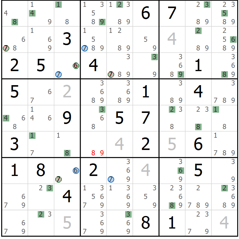 Position des candidats pour la solution de la Gr 36 page 39 du magazine de sudoku Suprême n° 027