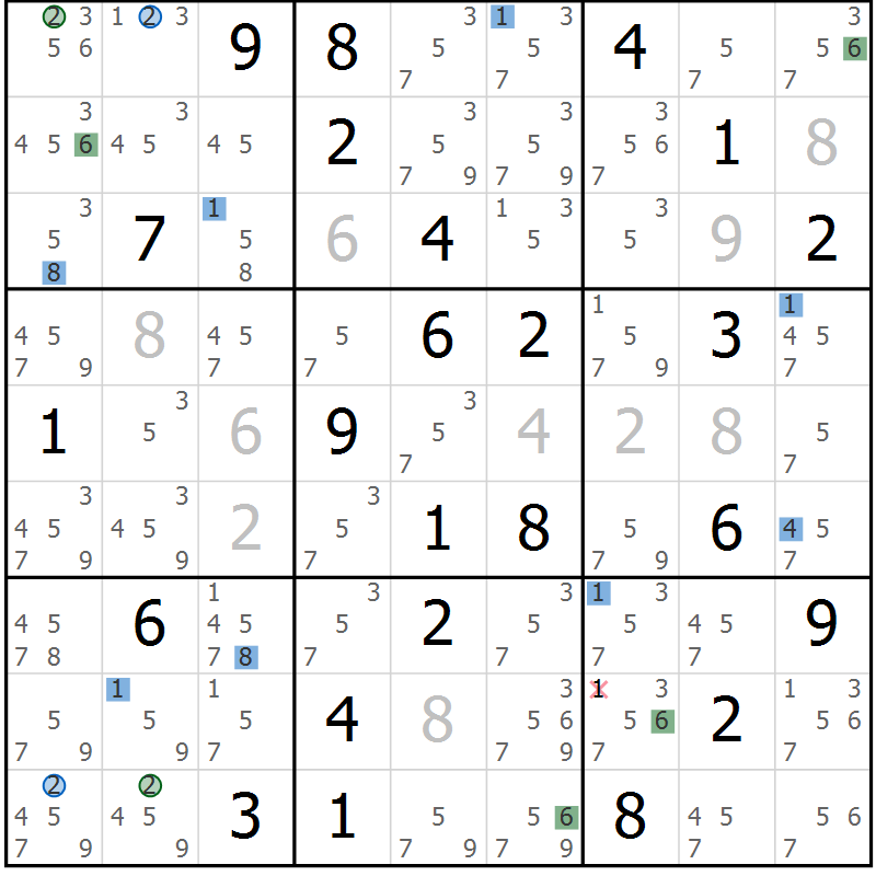 Position des candidats pour la solution de la Gr 40 page 43 du magazine de sudoku Suprême n° 027