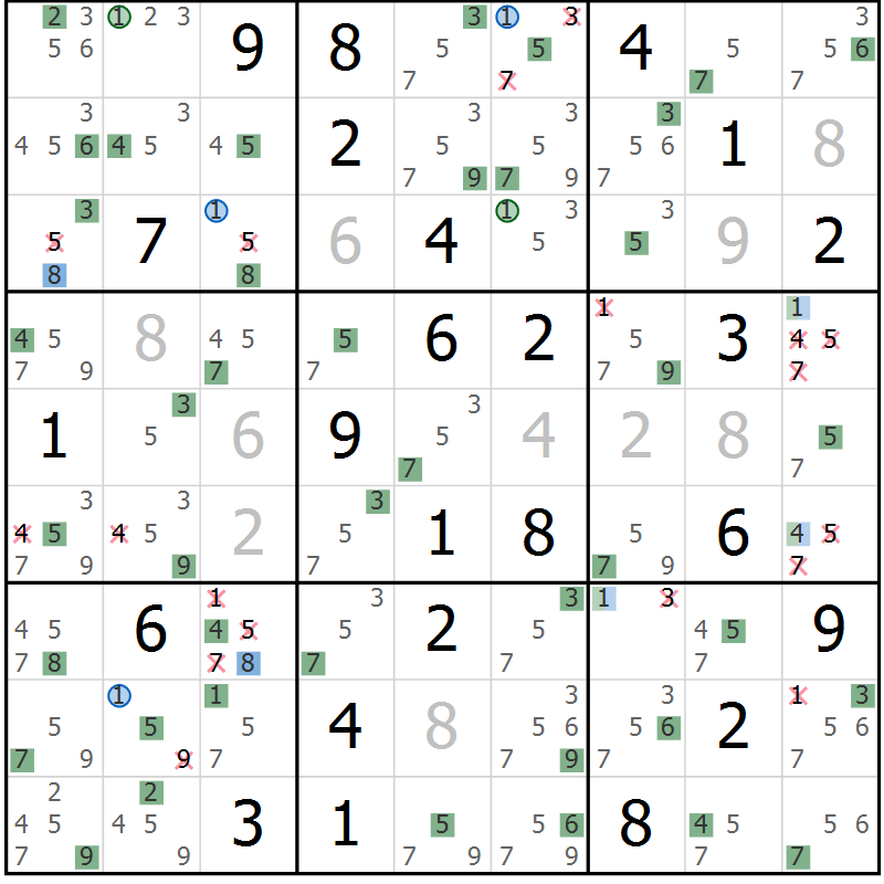 Position des candidats pour la solution de la Gr 40 page 43 du magazine de sudoku Suprême n° 027