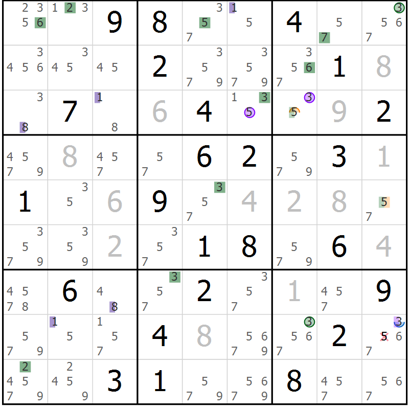 Position des candidats pour la solution de la Gr 40 page 43 du magazine de sudoku Suprême n° 027
