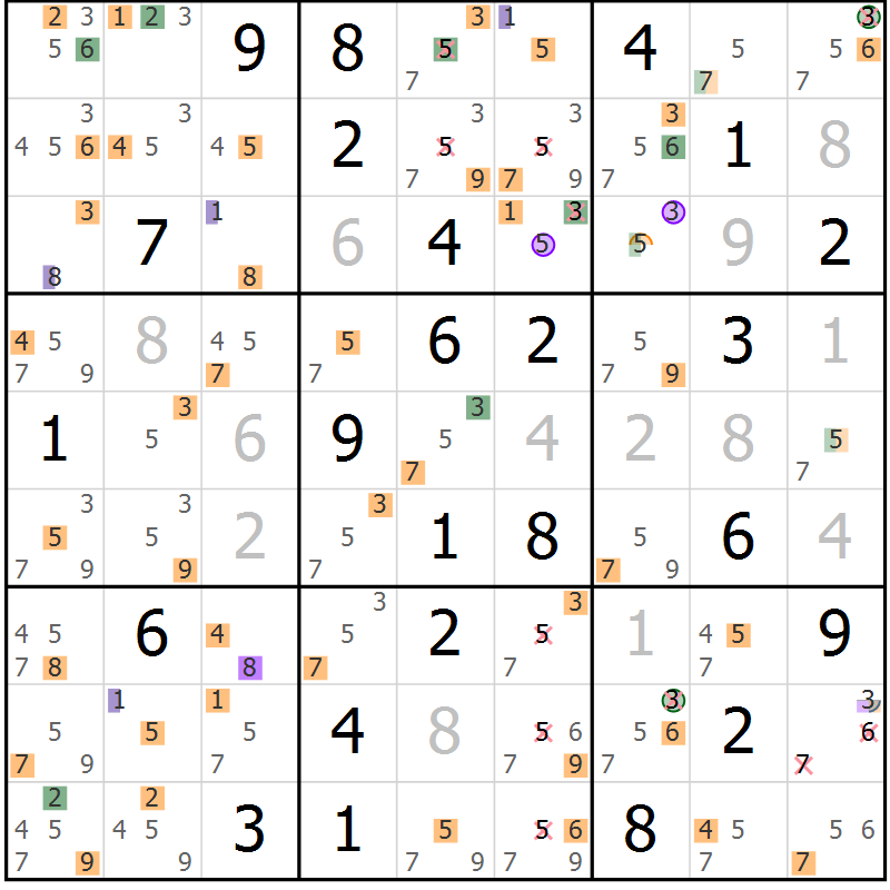 Position des candidats pour la solution de la Gr 40 page 43 du magazine de sudoku Suprême n° 027