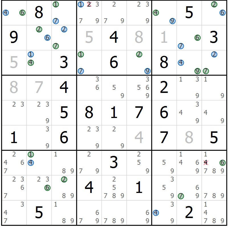Position des candidats pour la solution de la Gr 42 page 45 du magazine de sudoku Suprême n° 027
