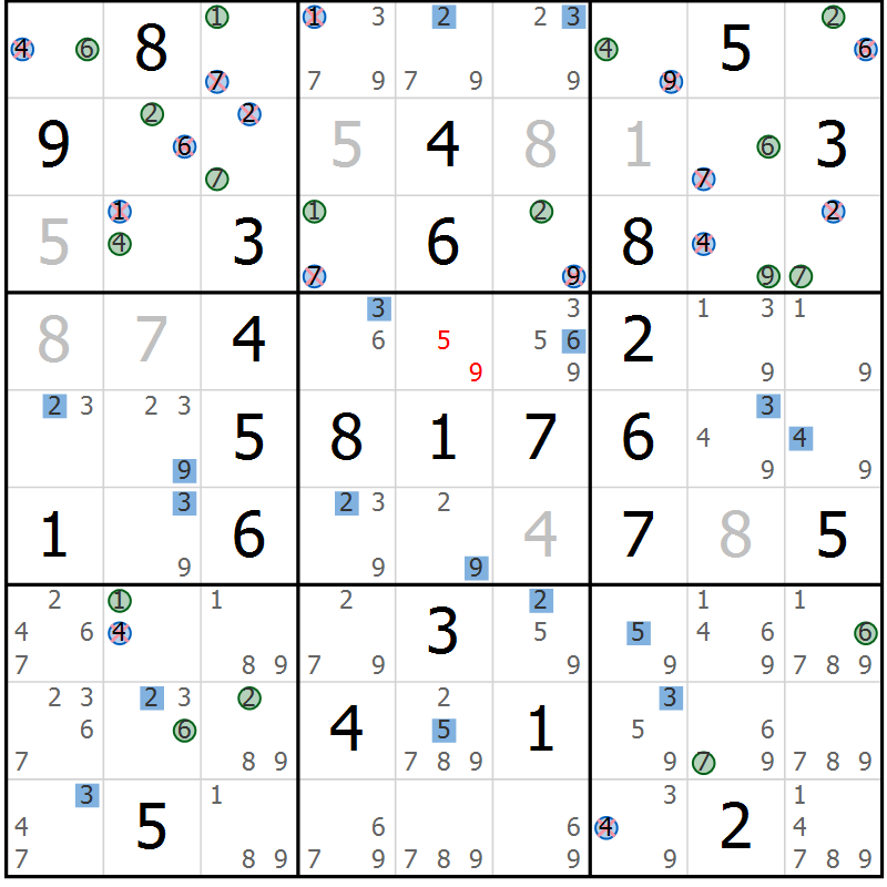 Position des candidats pour la solution de la Gr 42 page 45 du magazine de sudoku Suprême n° 027