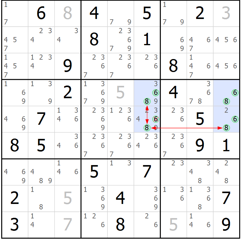 Position des candidats pour la solution de la Gr 43 page 46 du magazine de sudoku Suprême n° 027