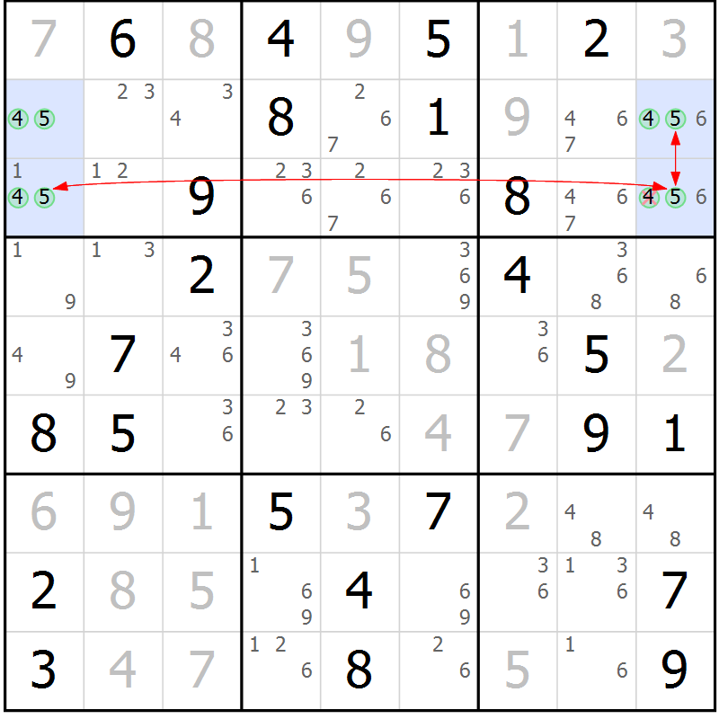Position des candidats pour la solution de la Gr 43 page 46 du magazine de sudoku Suprême n° 027