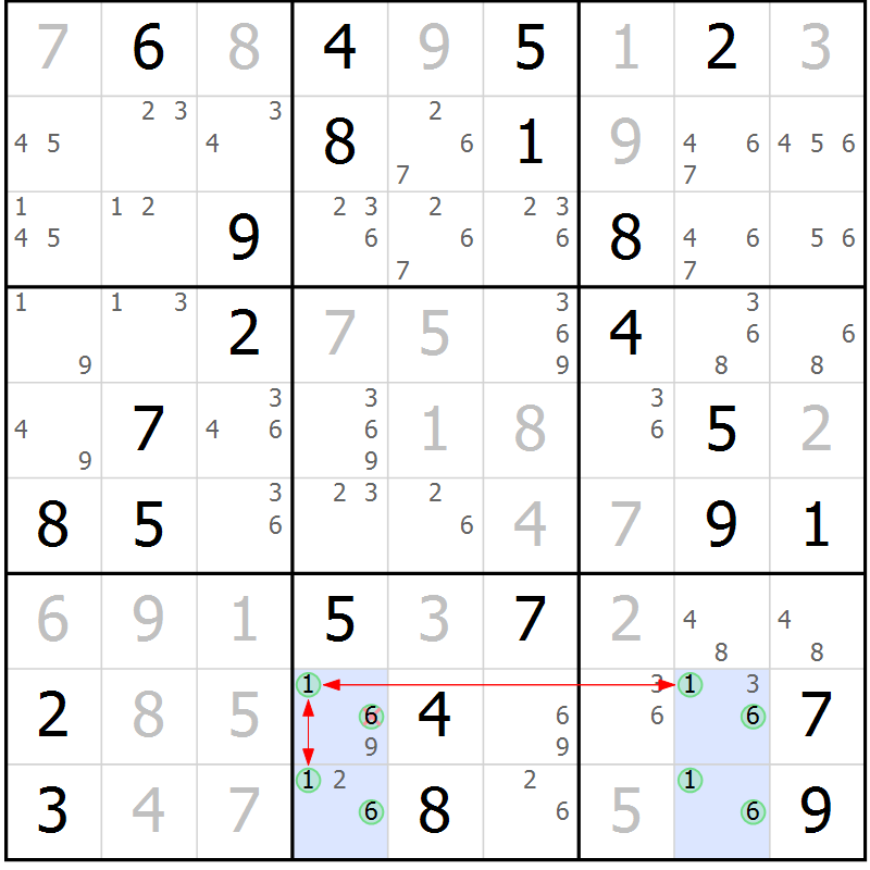 Position des candidats pour la solution de la Gr 43 page 46 du magazine de sudoku Suprême n° 027
