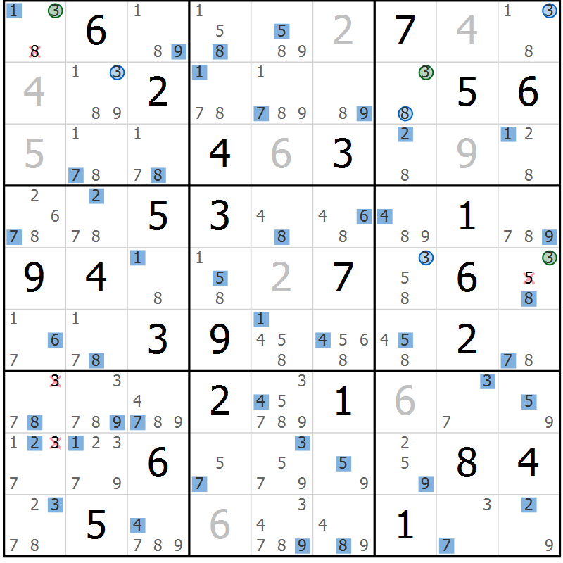 Position des candidats pour la solution de la Gr 50 page 53 du magazine de sudoku Suprême n° 027
