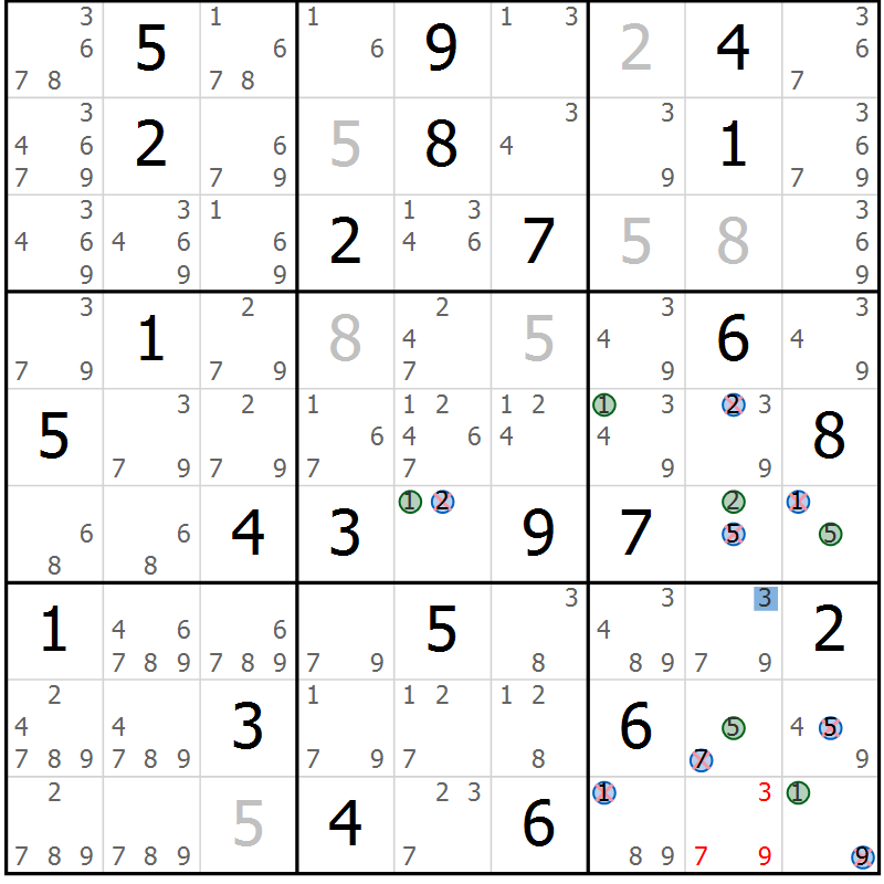 Position des candidats pour la solution de la Gr 58 page 61 du magazine de sudoku Suprême n° 027