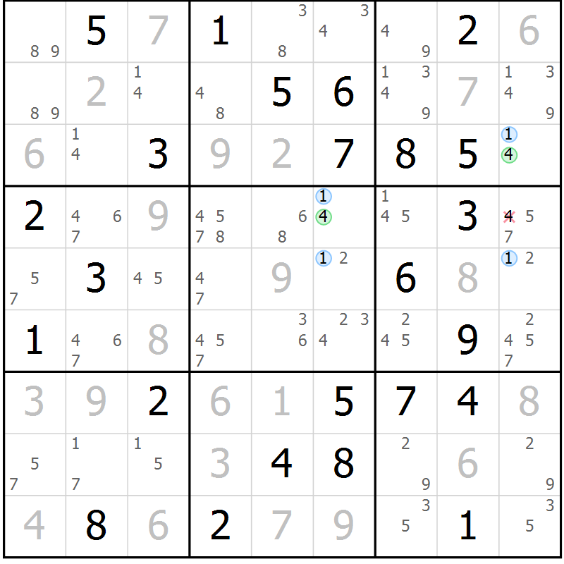 Position des candidats pour la solution de la Gr 59 page 62 du magazine de sudoku Suprême n° 027
