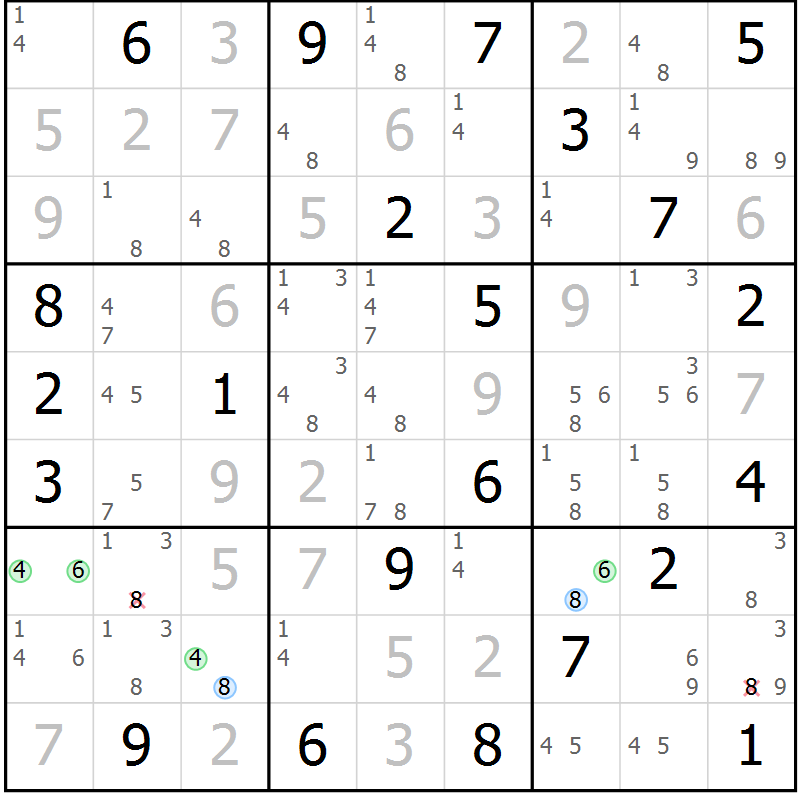 Position des candidats pour la solution de la Gr 6 page 9 du magazine de sudoku Suprême n° 027