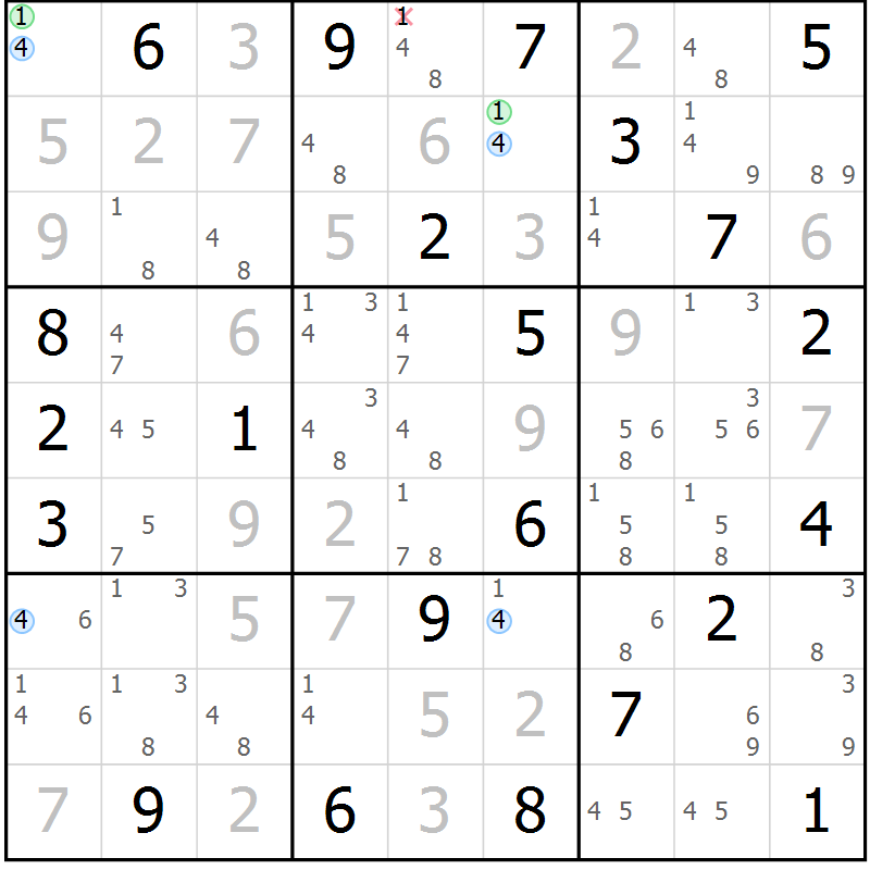 Position des candidats pour la solution de la Gr 6 page 9 du magazine de sudoku Suprême n° 027