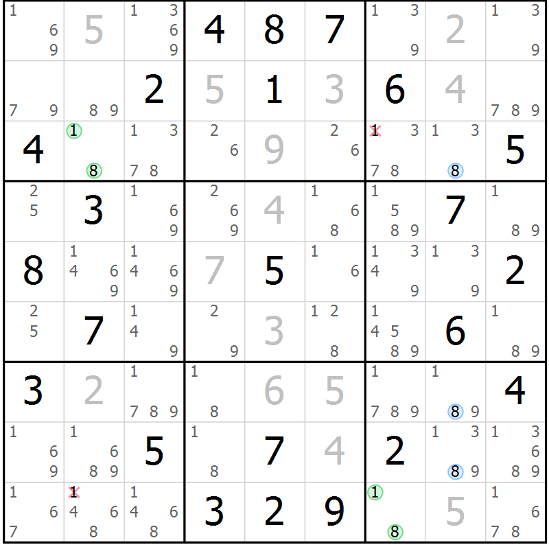Position des candidats pour la solution de la Gr 60 page 63 du magazine de sudoku Suprême n° 027