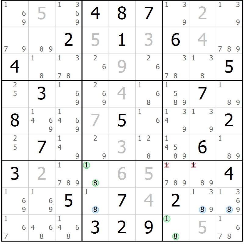 Position des candidats pour la solution de la Gr 60 page 63 du magazine de sudoku Suprême n° 027
