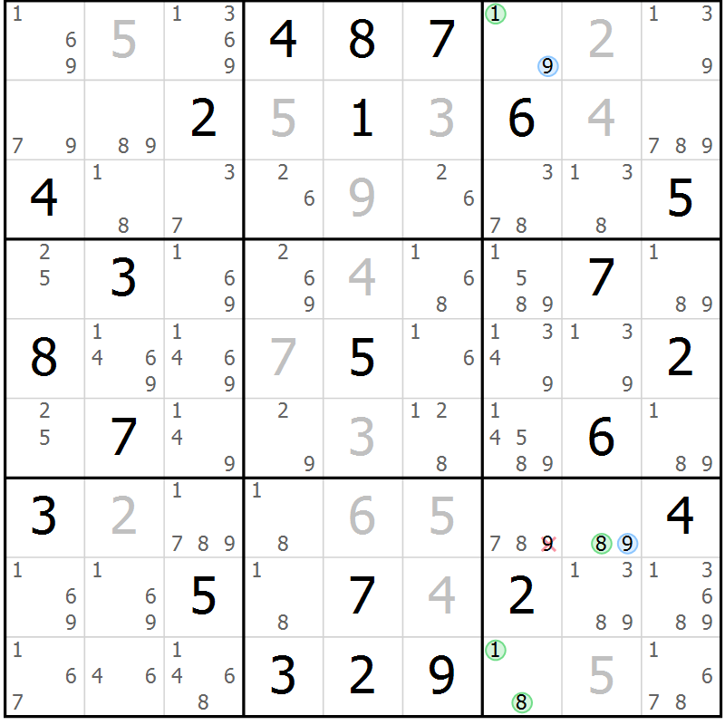 Position des candidats pour la solution de la Gr 60 page 63 du magazine de sudoku Suprême n° 027