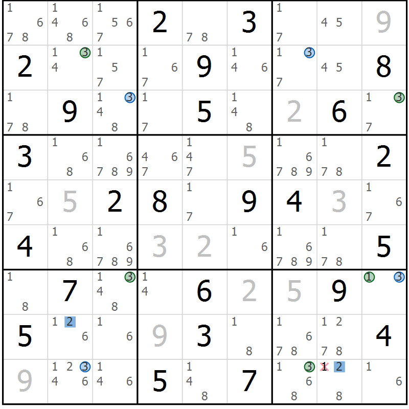 Position des candidats pour la solution de la Gr 61 page 64 du magazine de sudoku Suprême n° 027