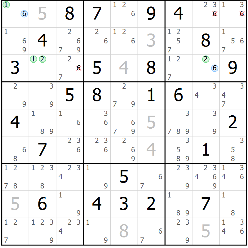 Position des candidats pour la solution de la Gr 63 page 66 du magazine de sudoku Suprême n° 027