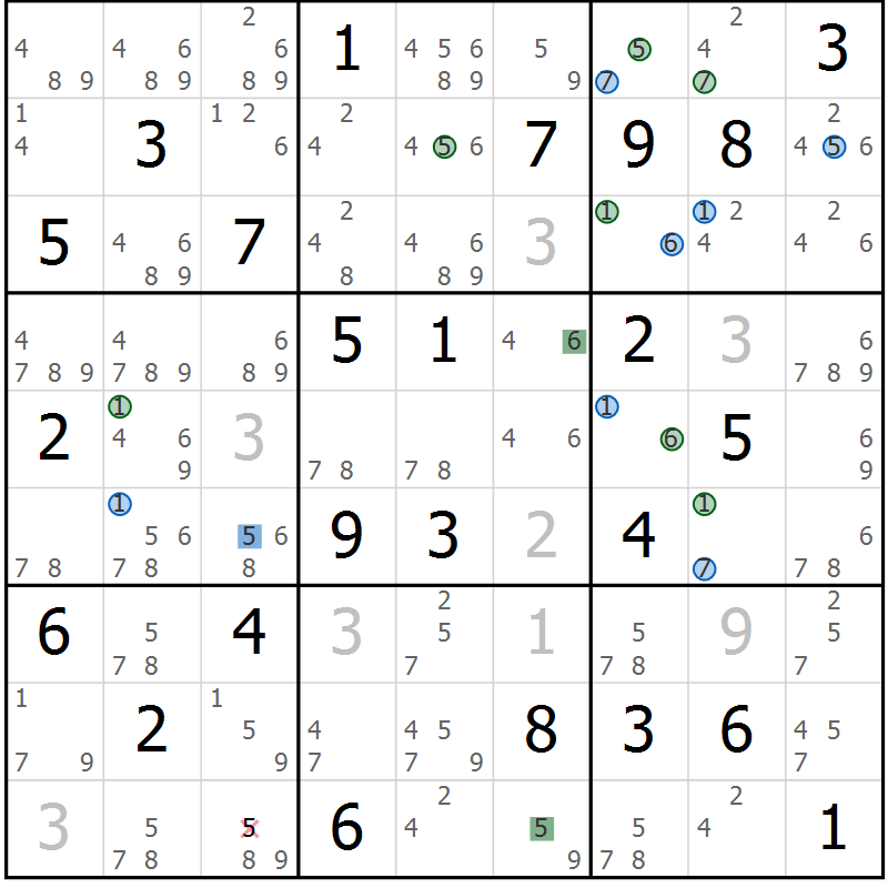 Position des candidats pour la solution de la Gr 65 page 68 du magazine de sudoku Suprême n° 027
