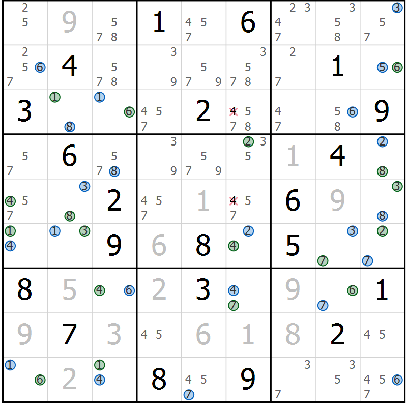 Position des candidats pour la solution de la Gr 67 page 70 du magazine de sudoku Suprême n° 027