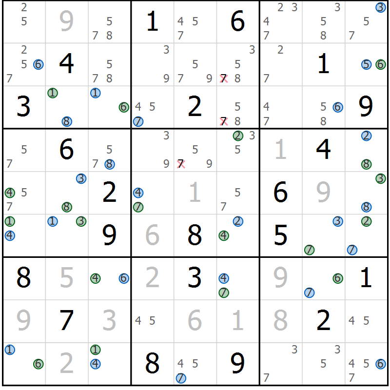 Position des candidats pour la solution de la Gr 67 page 70 du magazine de sudoku Suprême n° 027