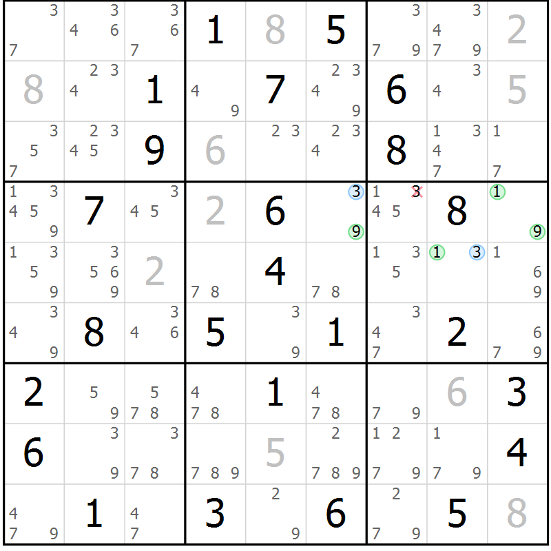 Position des candidats pour la solution de la Gr 68 page 71 du magazine de sudoku Suprême n° 027