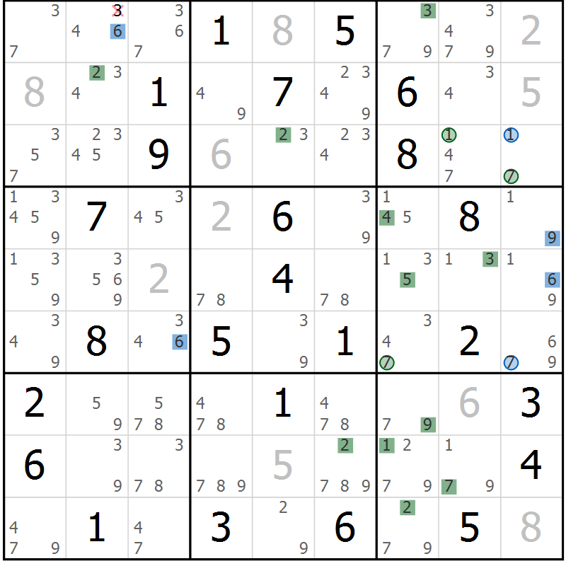 Position des candidats pour la solution de la Gr 68 page 71 du magazine de sudoku Suprême n° 027