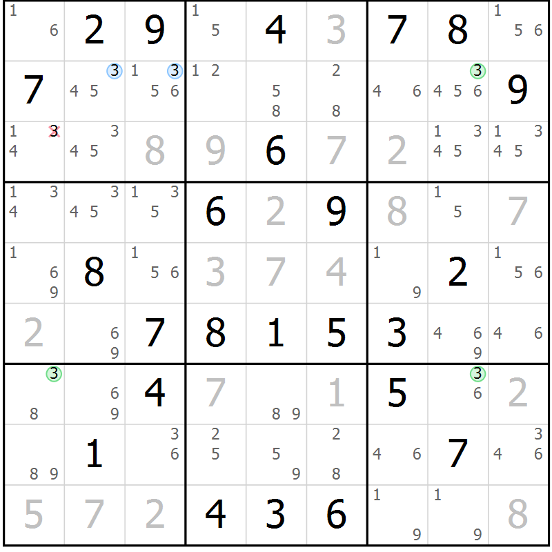 Position des candidats pour la solution de la Gr 69 page 72 du magazine de sudoku Suprême n° 027