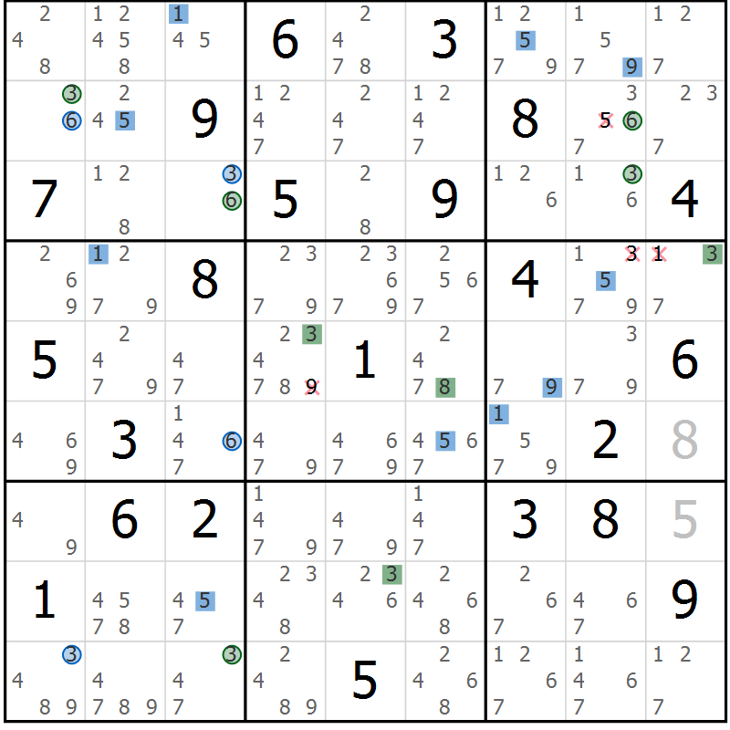 Position des candidats pour la solution de la Gr 7 page 10 du magazine de sudoku Suprême n° 027