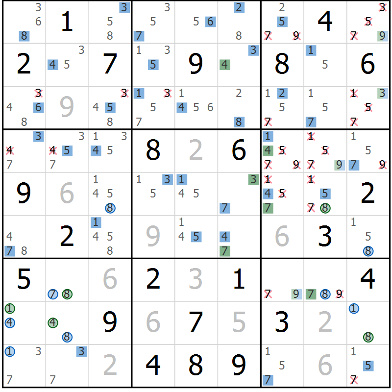 Position des candidats pour la solution de la Gr 70 page 73 du magazine de sudoku Suprême n° 027