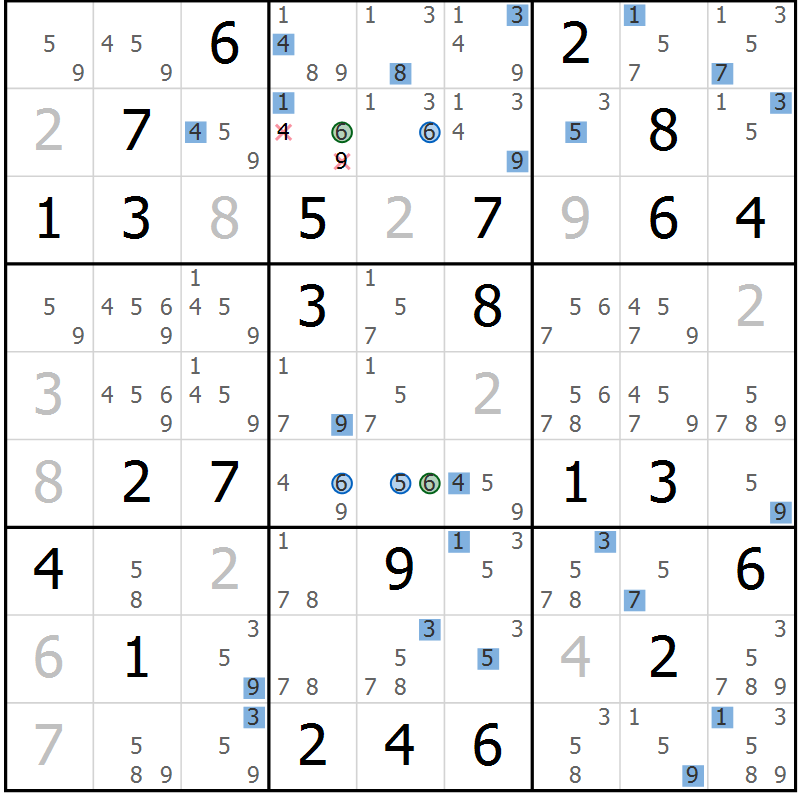 Position des candidats pour la solution de la Gr 72 page 75 du magazine de sudoku Suprême n° 027